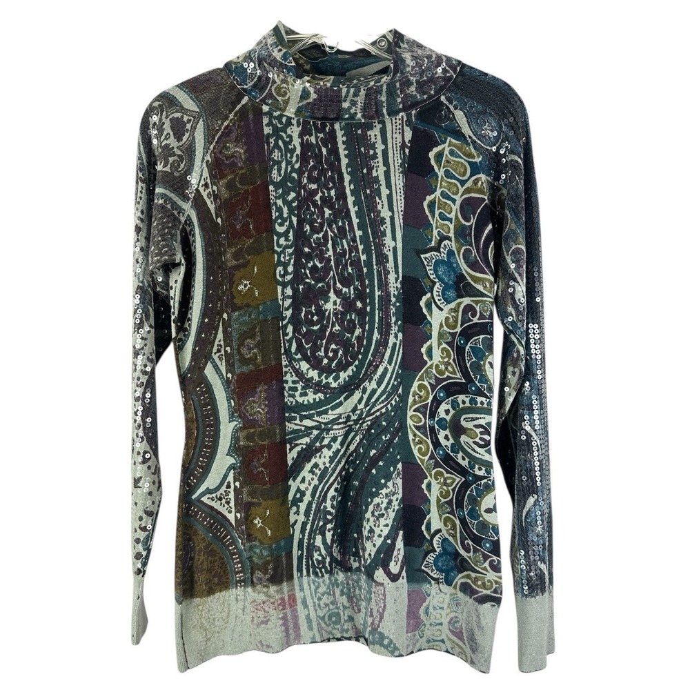 ETRO Turtleneck Top Sz 48 Women's Brown Classic Boho Hipster Silk Cashmere Italy
